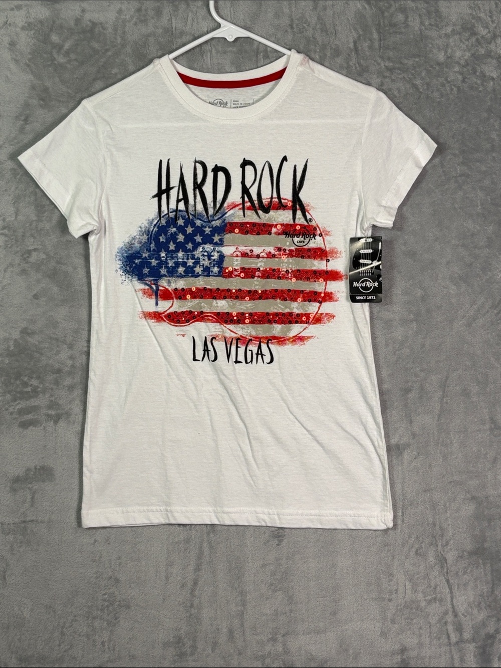 NWT New Hard Rock Las Vegas Sequins USA Flag White SS Shirt Womens Size Small